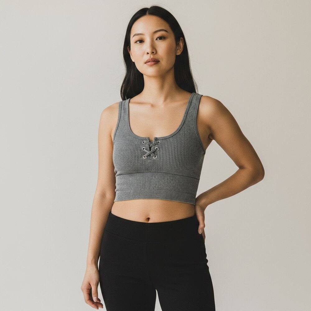 Bella Movement Gray Cropped Tank Top Tie Front Athletic Sleeveless Workout